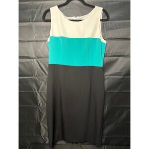 Kasper White Teal Black/White Sheath Dress Women's Sleeveless Casual Size 8